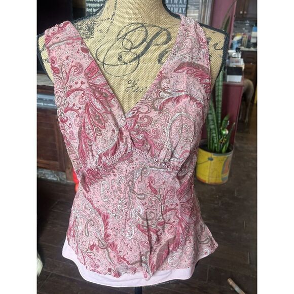 Ann Taylor Size 10 Sheer Paisley Pink Sleeveless Blouse With Attached Under-tank - Picture 1 of 3